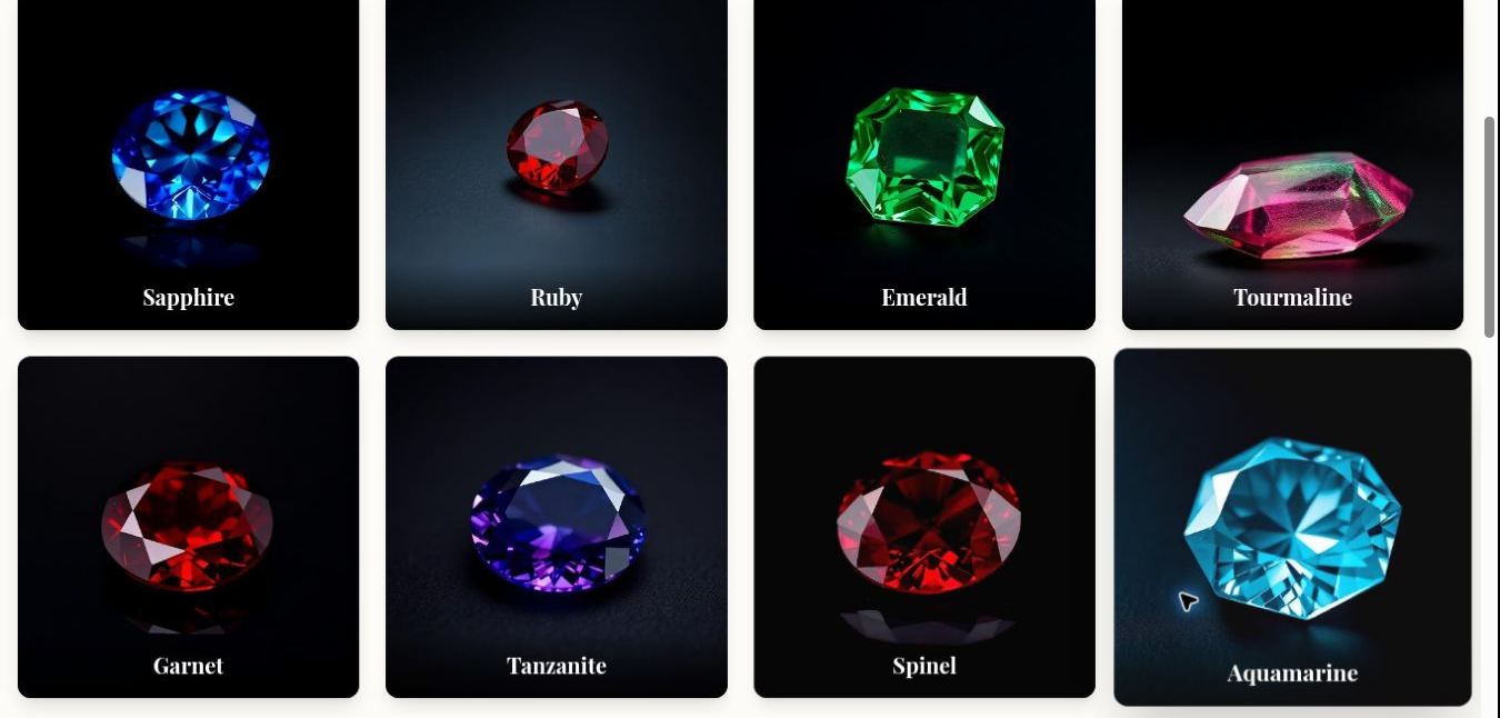 Gemvoria gemstone website showing a collection of colourful gemstones